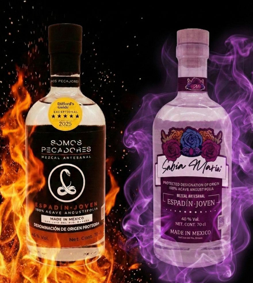 Somos Pecadores and Sabia Maria mezcal bottles